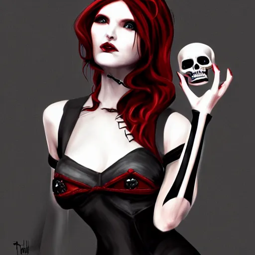 Prompt: Goth woman. holding a red and black skull with diamond shaped eyes. with the top cut off in one hand up to her face like hamlet. kodachrome, high contrast, highly detailed, sharp focus, digital painting, concept art, illustration, trending on artstation,