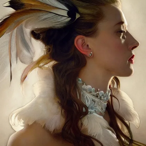 Image similar to hyperrealistic portrait of a woman as amber heard touching neck noir white swan dress wearing sapphire jewellery with long feather collar by jeremy mann and alphonse mucha, fantasy art, photo realistic, dynamic lighting, artstation, poster, volumetric lighting, very detailed faces, 4 k, award winning