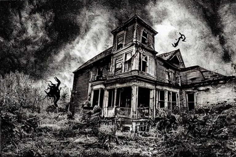 Prompt: abandoned house + nightmare creatures + jabberwocky + langoliers, cinematic style of david cronenberg, polaroid