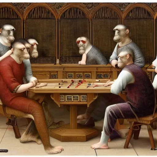 Image similar to churning versacci, starbucks by dino valls, by louis icart. a beautiful painting of a group of monkeys playing backgammon. the monkeys are seated around a table, with some of them appearing to be deep in concentration while others appear to be playing more casually.