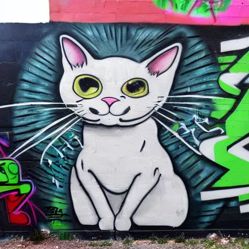 Prompt: Photo of a Graffiti wall with a drawing of a cat by Colette Miller