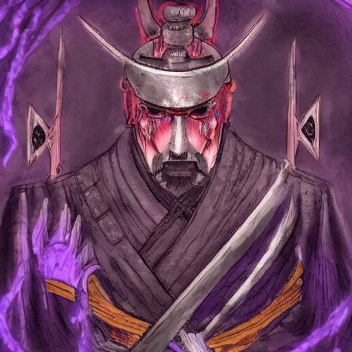 Image similar to a samurai standing in the purple abyss, rot, blood, dark, bloodborne, night, hopeless, highly detailed, intricate background