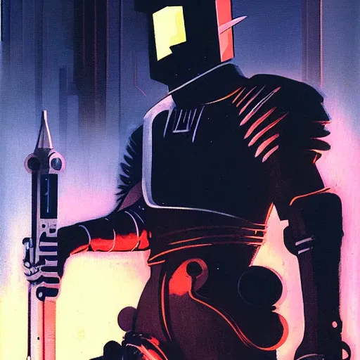 Prompt: cyberpunk knight, by jack gaughan, wide angled view, epic pose, pulp, sci - fi, atmospheric lighting, painted, intricate, ultra detailed