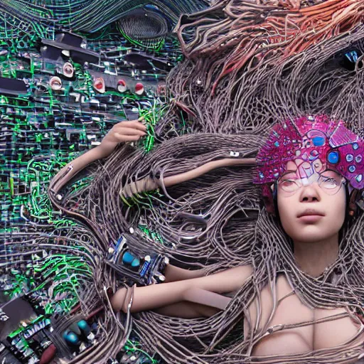 Image similar to swimming deeper into the multiverse, piles of modular synth cables mixed with mangrove roots, kawaii puerto rican goddess chilling out wearing a headpiece made of circuit boards, by cameron gray, wlop, stanley kubrick, masamune, hideki anno, jamie hewlett, unique perspective, trending on artstation, 3 d render, vivid