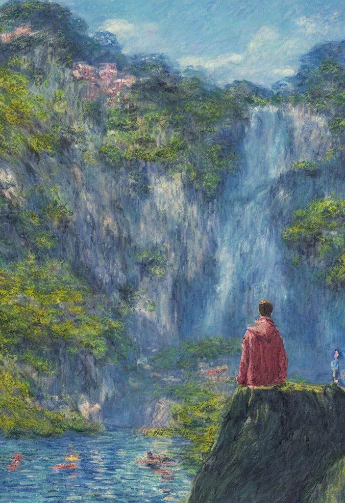 Prompt: tiny king in front of a japanese city in the mountain surrounded by waterfall. cyberpunk, boats flying. beautiful blue sky. gorgeous epic nature, lofi, vivid colors, amazing light, by jeremy lipkin, by claude monet, heavily inspired by makoto shinkai, inspired by ghibli, masterpiece, multiple brush strokes, impressionist style