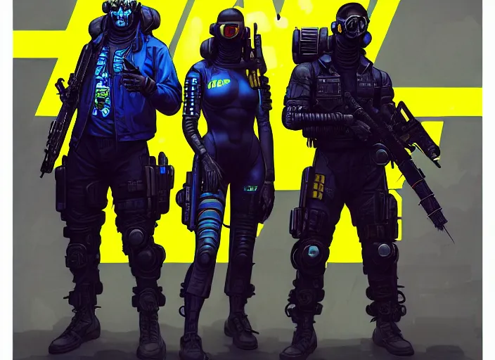 Image similar to cyberpunk blackops hazmat squad. portrait by stonehouse and mœbius and will eisner and gil elvgren and pixar. character design. realistic proportions. cyberpunk 2 0 7 7 character art, blade runner 2 0 4 9 concept art. cel shading. attractive face. thick lines. the team. diverse characters. artstationhq.