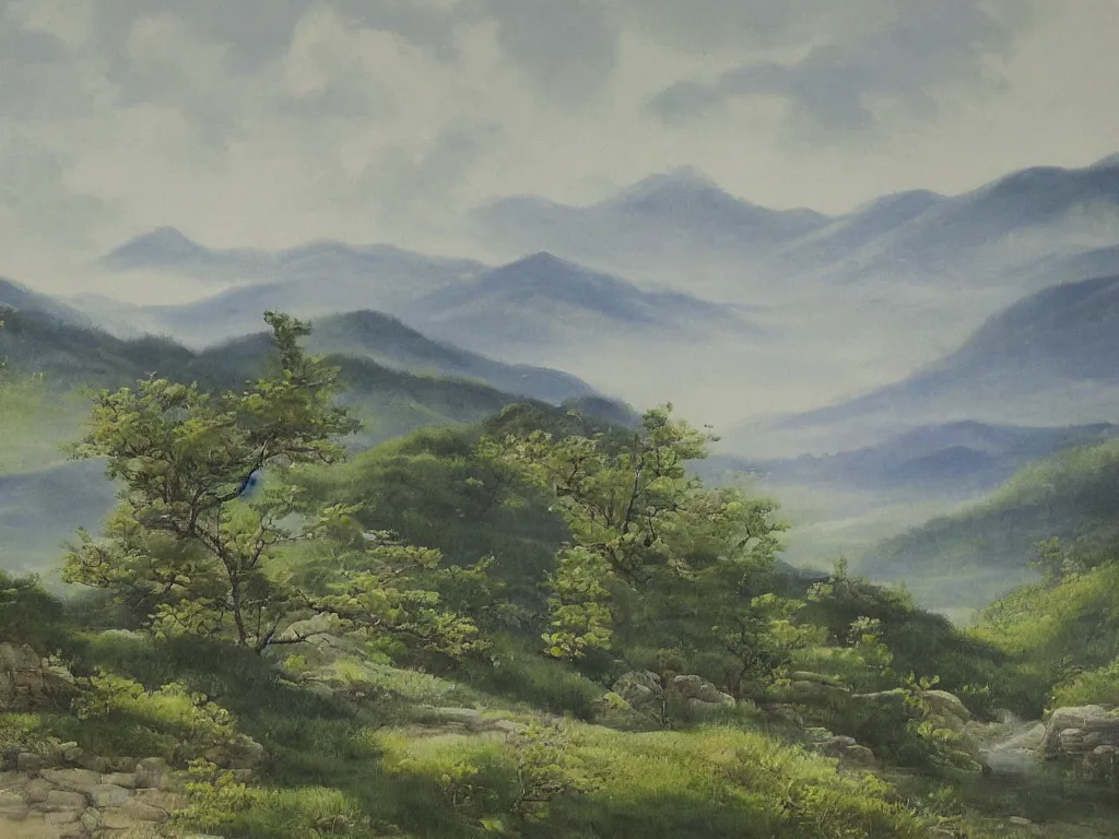 Prompt: landscape painting of the laurentians by shenzhou 沈 周
