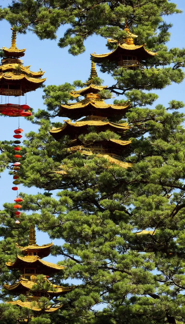 Prompt: pagoda with a lot of wind chimes. nature in background, green tea leaves.