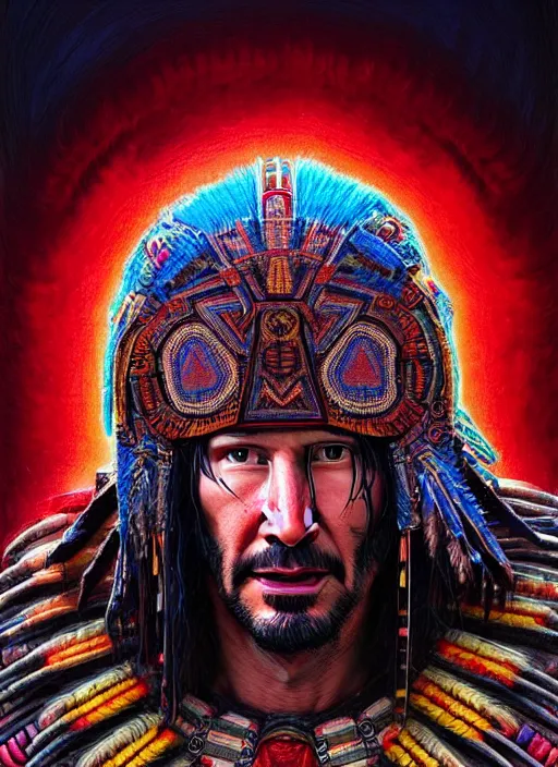 Image similar to portrait of keanu reeves, hyper detailed ultra sharp aztec shaman warrior. trending on artstation, warpaint aesthetic, bloodwave, colorful, psychedelic, ornate, intricate, digital painting, concept art, smooth, sharp focus, illustration, art by artgerm and greg rutkowski and h. r. giger, 8 k