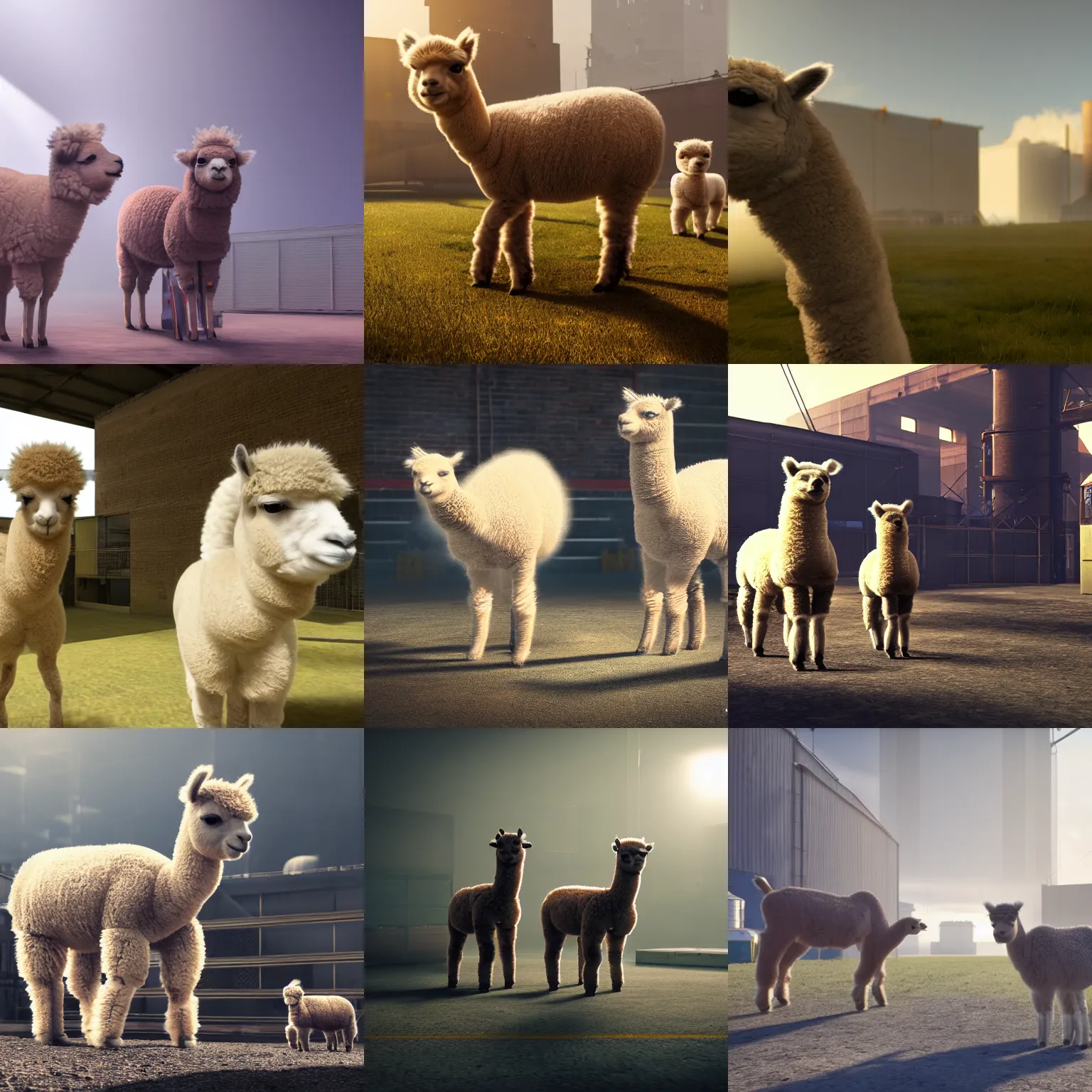 Prompt: two alpacas on a polluted factory, volumetric light, unreal engine