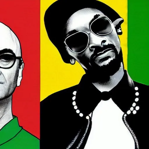 Image similar to 90s style pop art of Phil Collins and Snoop Dogg standing next to each other in the background of never gonna give you up song