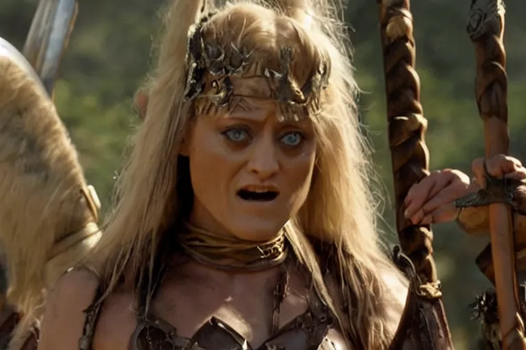 Prompt: A film still of an Olivia Taylor Dudley as a barbarian from Conan the Barbarian, high detail