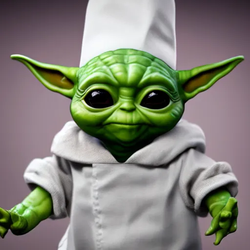 Image similar to curious innocent tiny baby yoda as chef wearing white chefs hat and white apron and giving thumbs up, vegetables, photography, hyperrealism, unreal engine, octane 3 d render, houdini, unity 3 d, highres, adobe premier pro, trending on artstation, trending on deviantart