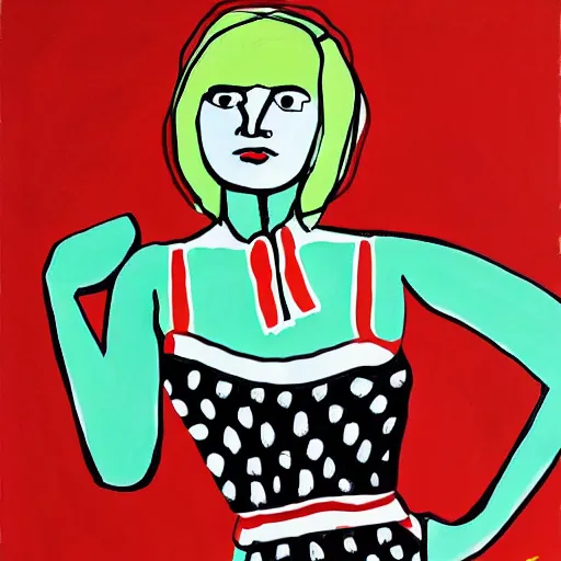 Image similar to painting of cute girl, full stature, in style of patrick caulfield, photorealistic