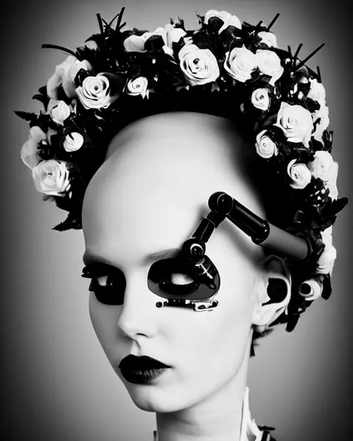 Image similar to dreamy surreal poetic black and white photo of a beautiful young bio-mechanical-female-cyborg-plastic-robot with a very long neck and a super big gothic lace collar and a very high big floral crown with many black dry roses by Vivienne Westwood:: smoke, high fashion, haute couture, rococo, avant-garde, elegant, dreamy, hyper realistic, 150 mm lens, soft rim light, octane render, unreal engine, picture was taken in 1910 by Dora Maar, volumetric lighting, dramatic light,8k,