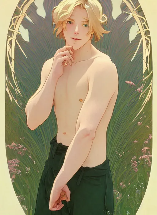 Image similar to pretty young man with shoulder length blond hair, male, half body shot, path traced, highly detailed, high quality, digital painting, by studio ghibli and alphonse mucha, leesha hannigan, hidari, art nouveau, chiho aoshima, posuka demizu