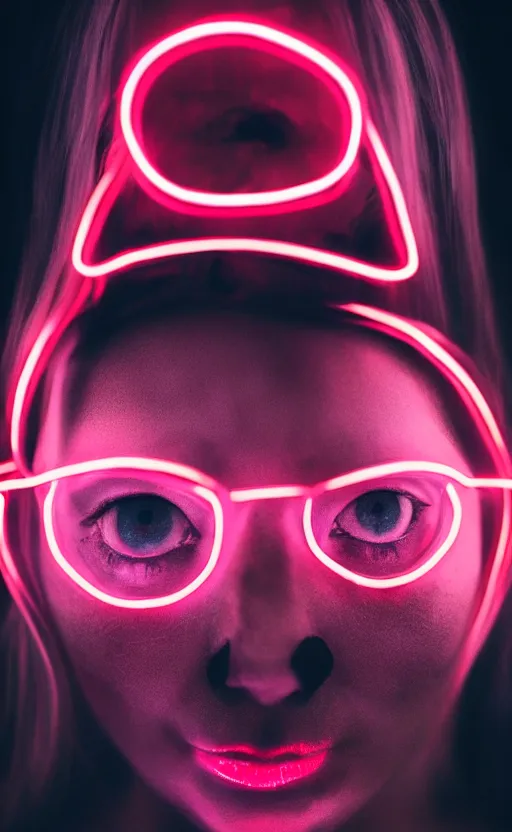 Image similar to A woman with glowing eyes, neon on black, dramatic, cinematic, Sony a7R IV, symmetric balance, polarizing filter, Photolab, Lightroom, 4K, Dolby Vision, Photography Award