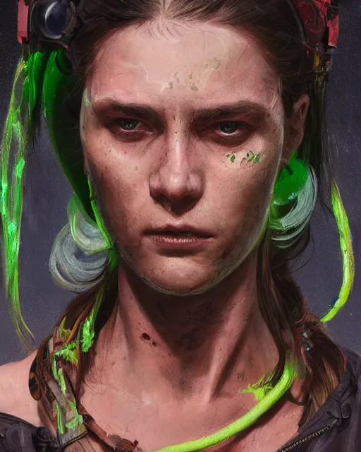 Prompt: '' Face portrait of a scarred fighter with a neon lime leather coat, neck chains, long hair with a ponytail , sci-fy, cyberpunk, high detail, 4k , digital painting, artstation, concept art, sharp focus, illustration, art by greg rutkowski and alphonse mucha ''