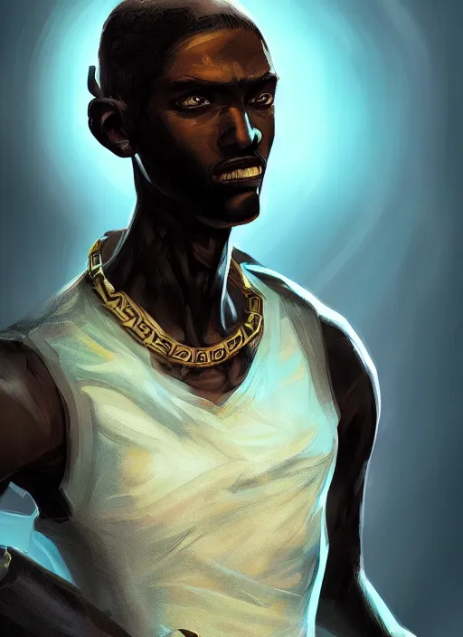 Image similar to An epic fantasy comic book style portrait painting of a skinny dark skinned thief who\'s good at martial arts, unreal 5, DAZ, hyperrealistic, octane render, cosplay, RPG portrait, dynamic lighting