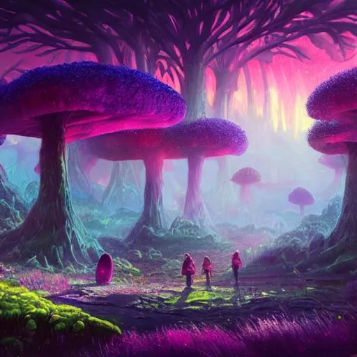 Image similar to concept art painting of a fantasy alien fungal landscape at night, magenta trees, glowing blue mushrooms, village of houses made of mushrooms, dark purple sky, realistic, detailed, cel shaded, in the style of makoto shinkai and greg rutkowski and albert bierstadt and james gurney