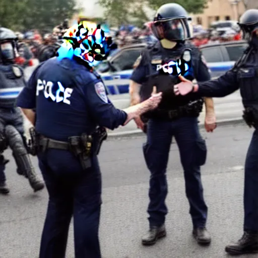 Image similar to donald trump handing a can of pepsi to a police officer during a riot