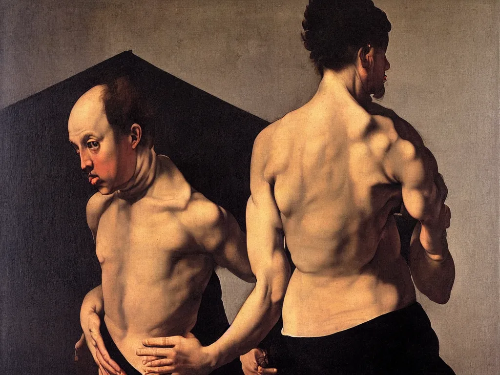 Prompt: A man. Simple, not deformed at all, with only two arms and two legs and symmetrical face. Painting by Caravaggio