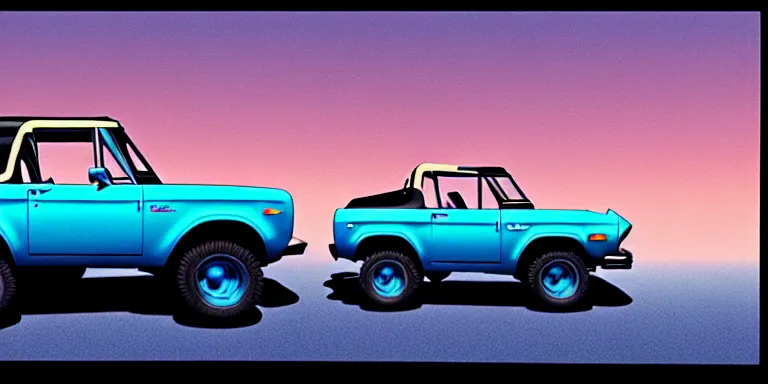 Image similar to a cinematic keyframe matte painting of a sleek 1 9 7 0 s vaporwave concept vehicle retro - futurism sci - fi sky blue 2 0 2 4 ford bronco car in an open garage in the colorado, view from the street. in the moonlight. rocky mountains. by eric lafforgue, glennray tutor and edward hopper, greg rutkowski. trending on artstation.