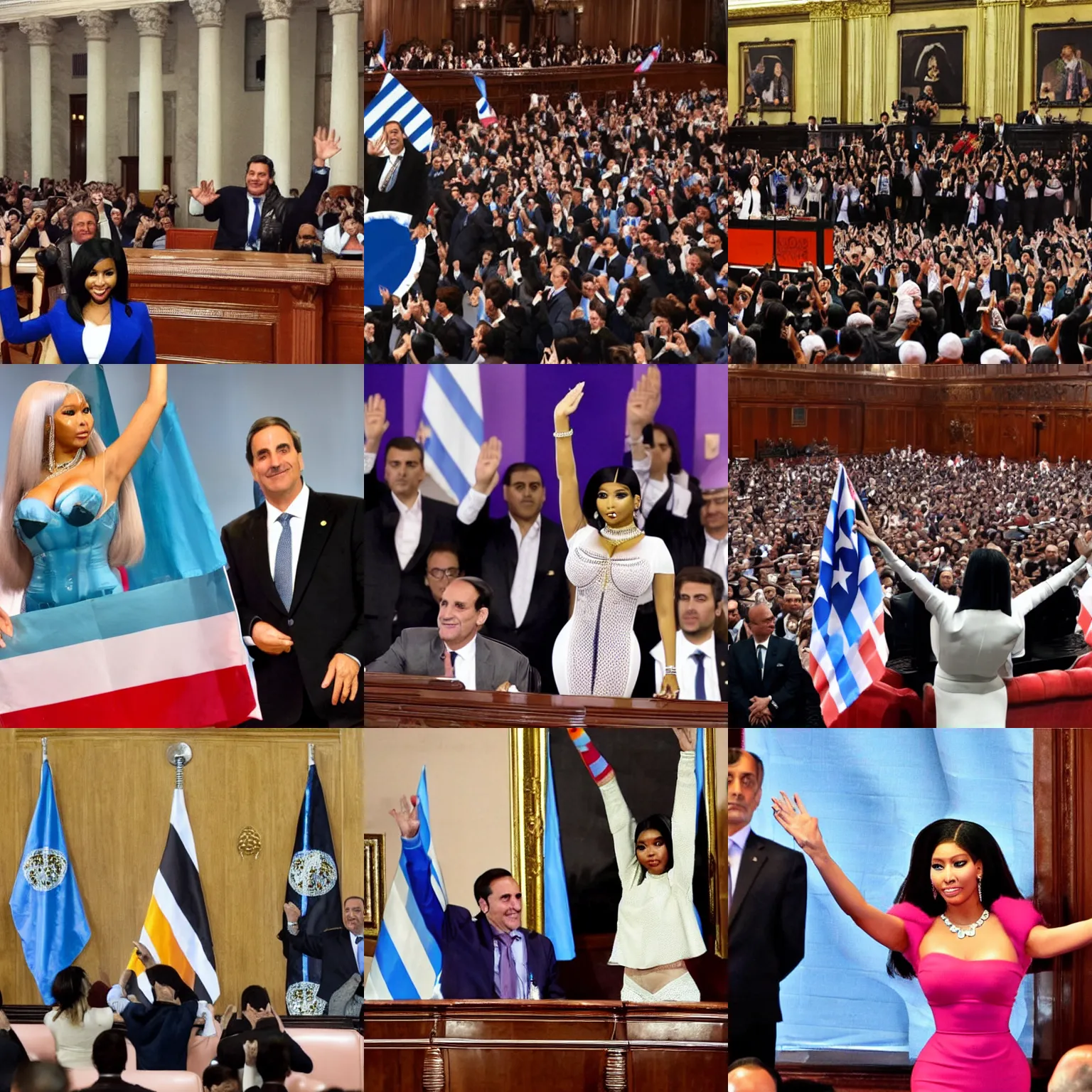 Prompt: Nicki Minaj president of Argentina waving hands as Perón, in the Argentine Congress, flags of Argentina behind, detailed picture