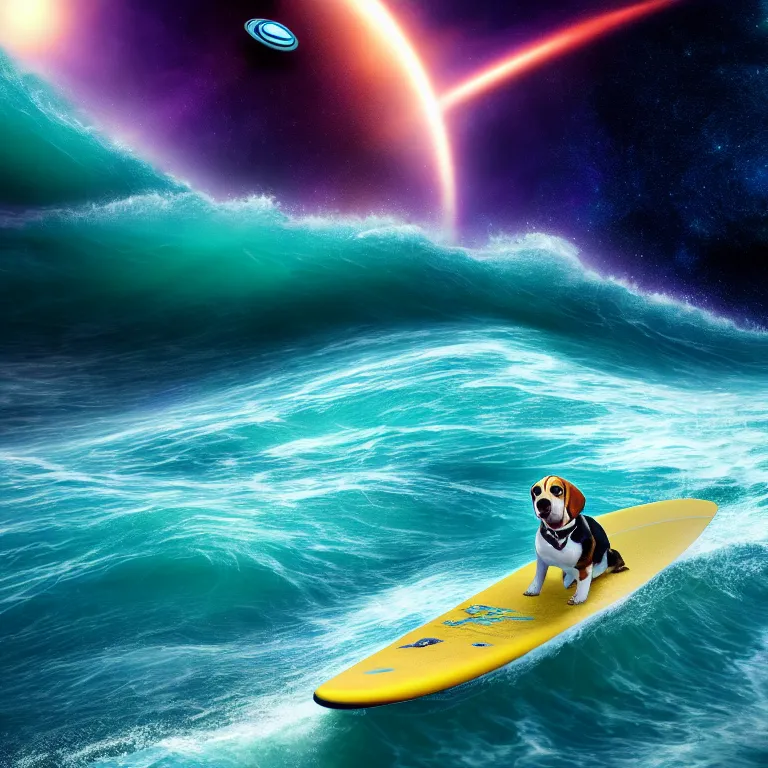 Image similar to beagle dog surfing a surfboard on a crashing l wave of alien ocean in space, background is an alien galaxy, aliens in the background, alien colors, octane render, unreal engine, wide view, 8 k, high detaild