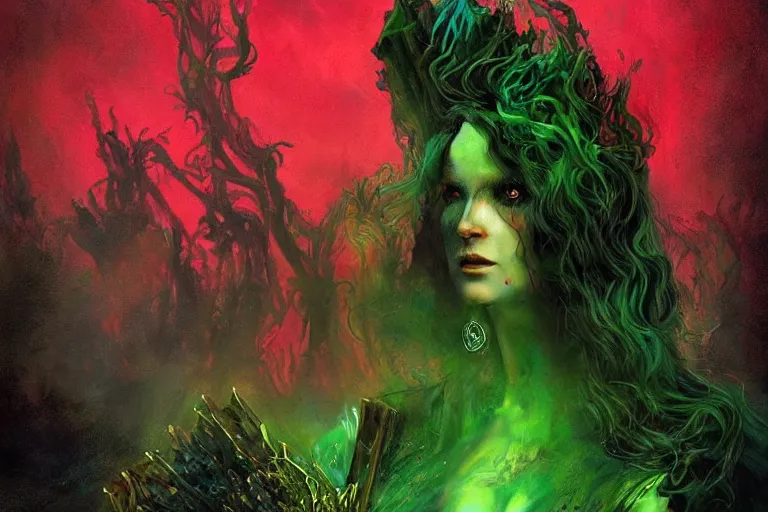 Prompt: the ink witch queen of the fluid, painted by howard david johnson and james gurney, trending on artstation, dramatic green and red lighting macro view mirrored, vaporwave, magic realism, lord of the rings, classicism