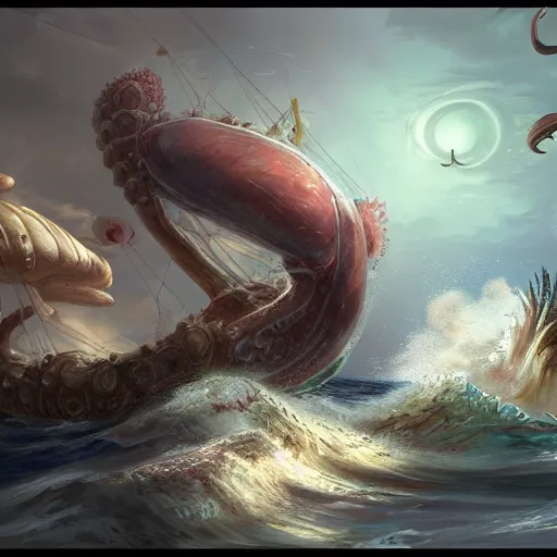 Prompt: digital artwork of a wonderful an big galion attacked by a giant octopus, ocean. d & d, illustration, realism, trending on artstation