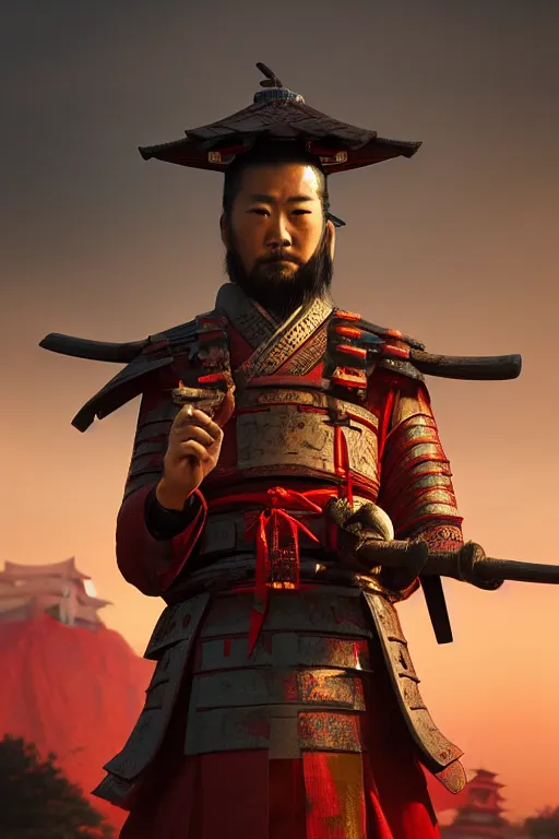 Image similar to Closeup portrait of a samurai wearing a sashimono. Red rising sun and Torii gate in background. Unique godlike samurai. Greg rutkowski legendary matte painting.. 4k, particles light,