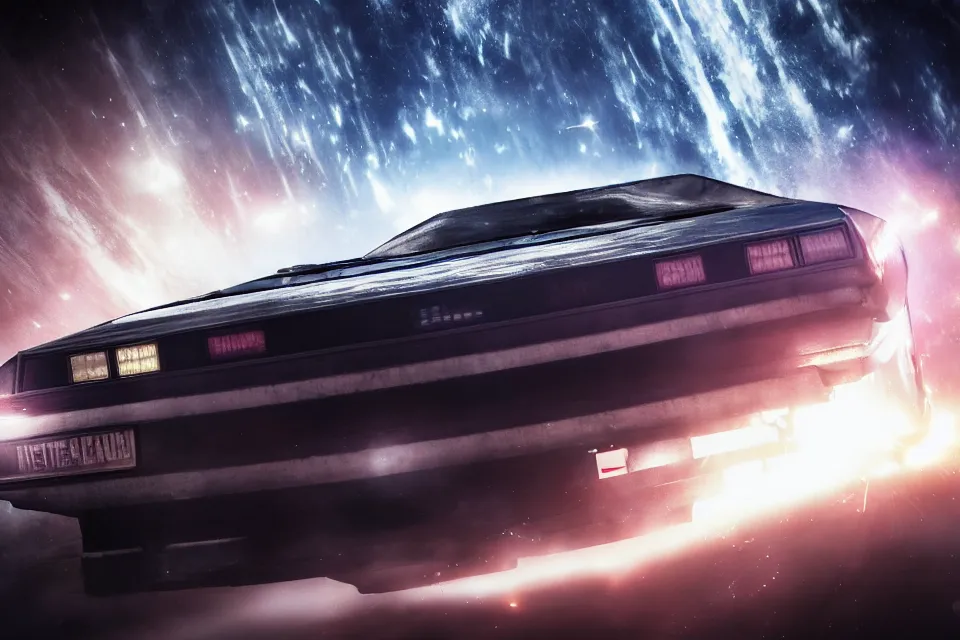 Image similar to ultra realistic delorean dmc 5 drifting on an ancient space highway in space, motion render, dark cinematic, volumetric, realistic, 3 d render, realistic render, cinematic lighting, volumetric lighting, atmospheric, cinematic, unreal engine 5, unreal engine render, octane render, hd, photorealism, hyper realistic, photo, 8 k