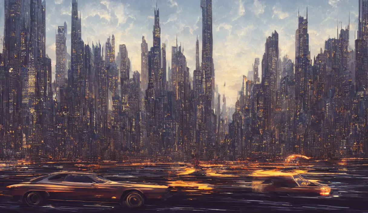 Prompt: detailed intricate digital landscape illustration by greg rutkowski and artgerm and wlop and sanford robinson gifford ; 1 9 9 4 car driving in beautiful windy city with moving cars and tall skyscrapers in background ; 1 3 mm film, arri alfa anamorphic lens, long exposure ; sharp focus, golden hour lighting, trending on artstation 4 k ; close view