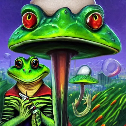 Prompt: A centered chest up portrait of a psychedelic godlike anthropomorphic frog smoking a hand-rolled cigarette , magic mushroom village in background . award winning. superb resolution. in the art style of junji Ito and greg rutkowski . Detailed Mushroom city in background. Hyper realistic anime. Perfect art. Dalle2