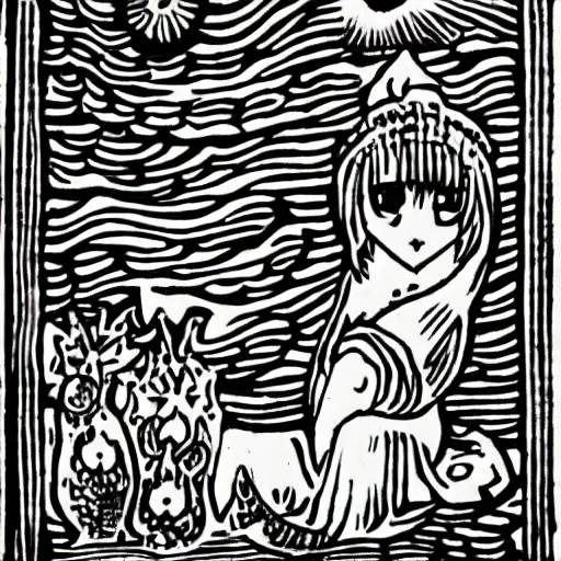 Prompt: Kyubey in the style of European woodcuts