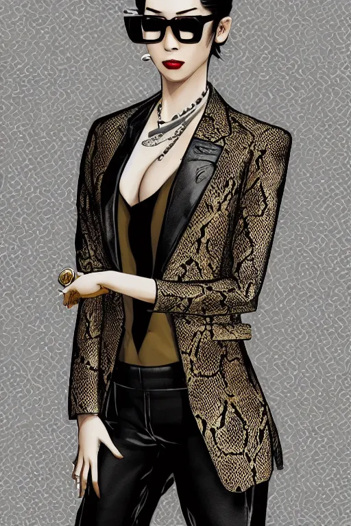 Prompt: yakuza slim girl, gold suit jacket in snake print, jacket over bare torso, yakuza tattoo on body, black short curtain haircut, black leather pants with black belt, portrait, with light metal curtain glasses, elegant, 2d, ultra highly detailed, digital painting, smooth, sharp focus, artstation, art by Ilya Kuvshinov, rossdraws