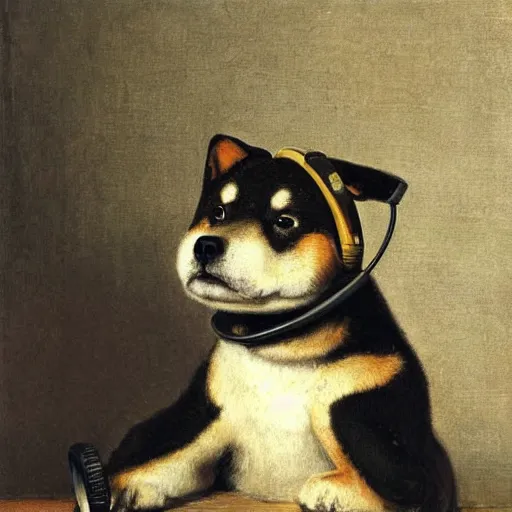 Prompt: a so cute shiba inu with headphones ， realism, realist, 1 9 th century, gustave courbet ， - h 1 0 2 4