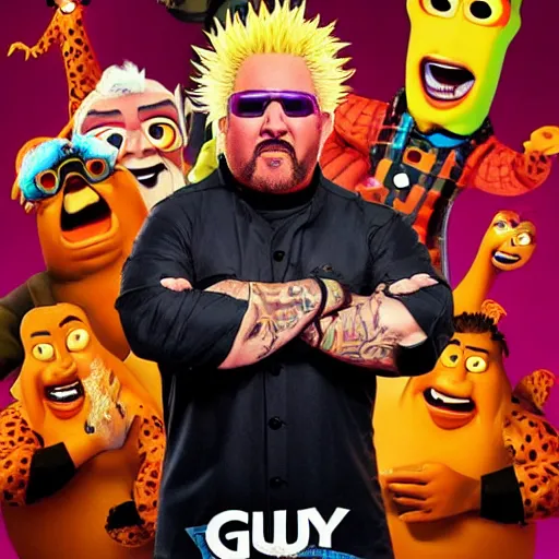 Image similar to a pixar movie starring Guy Fieri as a goofy villain, promotional poster, award-winning cinematography, 4k