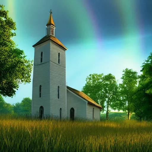 Image similar to old white church chapel with a steeple in an old green meadow and gold sparkles floating around in the air and sky, swirling clouds, swirling glowing gold dust, lush forest, idyllic landscape, sparkles, rainbow across the sky, ethereal, atmospheric, iridescent, volumetric, unreal engine, ray - tracing, film still, artstation, 8 k