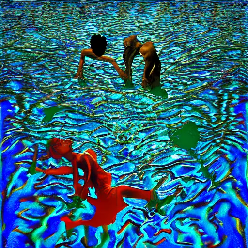 Image similar to liquid people dancing under the sea by lynda benglis, hyperrealistic, shadows, high detail, digital art