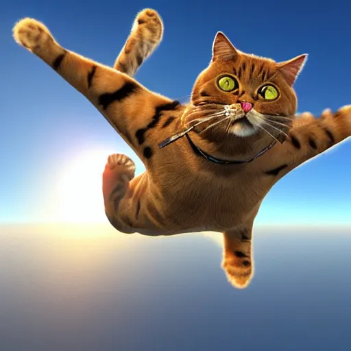 Image similar to 3 d photorealistic render of angry cats skydiving