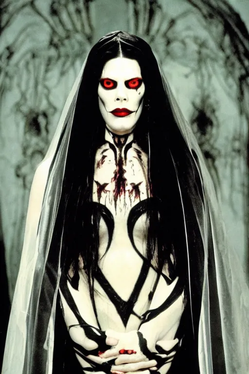 Image similar to dressed liv tyler, a sinister demonic queen of cenobites, symmetrical, cinematic, elegant, demonic atmosphere, professional studio light, real dlsr photography, sharp focus, costume made by clive barker, real rotten flesh, blood and bones, 4 k, ultra hd, sense of awe