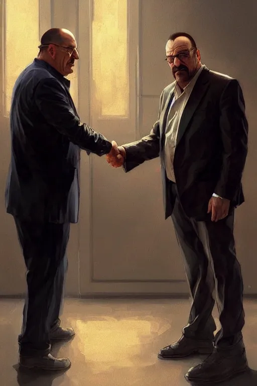 Prompt: walter white shaking hands with tony soprano and tony montana, perfect-full-shot, intricate, elegant, highly detailed, digital painting, artstation, concept art, smooth, sharp focus, illustration, art by artgerm and greg rutkowski and alphonse mucha