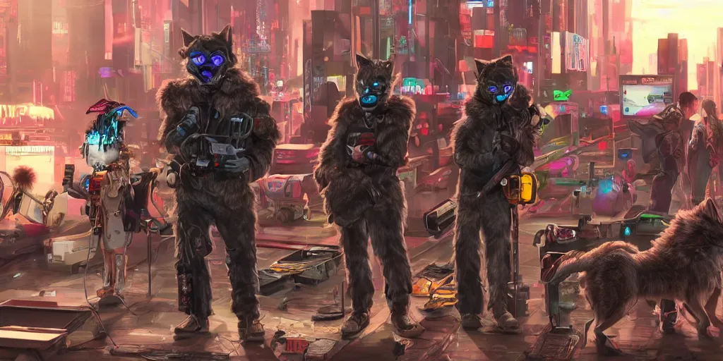 Image similar to high - resolution photograph from a cyberpunk era furry fandom convention ( midwest furfest 2 0 4 7 ), taking place after the genetic revolution and quantum singularity. photorealistic.