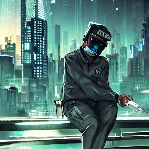 Image similar to a cop in a futuristic cyber punk like city that is investigating a crime while smoking a cigarette