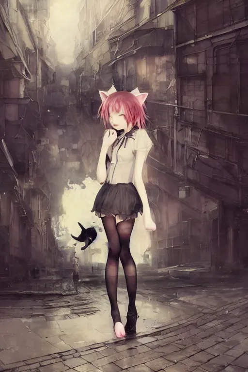 Prompt: anime neko girl with cat ears wearing a black lace dress and thigh highs walking in a depressing soviet city, expressive oil painting, digital art, highly detailed, character art, by yoshitaka amano, by greg rutkowski, by conrad roset, volumetrics, octane render