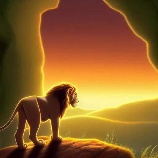 Image similar to the lion king watching the sunset from a cave, digital art, trending on artstation, HDR, Pixar style
