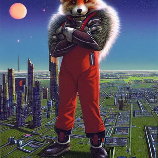 Image similar to a portrait of fox mccloud by peter elson, furry art, with a sci fi city background by syd dutton