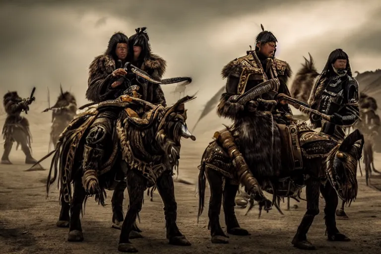 Image similar to vfx film closeup, futuristic mongolian biker warriors, sci - fi mongolian village, robot stand - off, flat color profile low - key lighting award winning photography arri alexa cinematography, hyper real photorealistic cinematic, atmospheric cool colorgrade